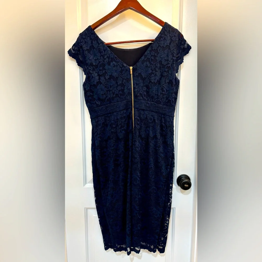 Calvin Klein Navy Lace Sheath Dress, V-neck Back, Gold Zipper 12 - Picture 2 of 4